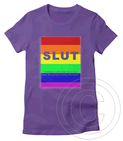 the definition printed on rainbow stripes, on a purple tee shirt