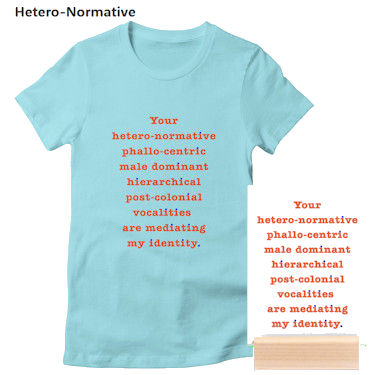 light blue t-shirt and a white desk-top print with red text