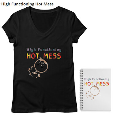 black t-shirt, and a journal, with text and art